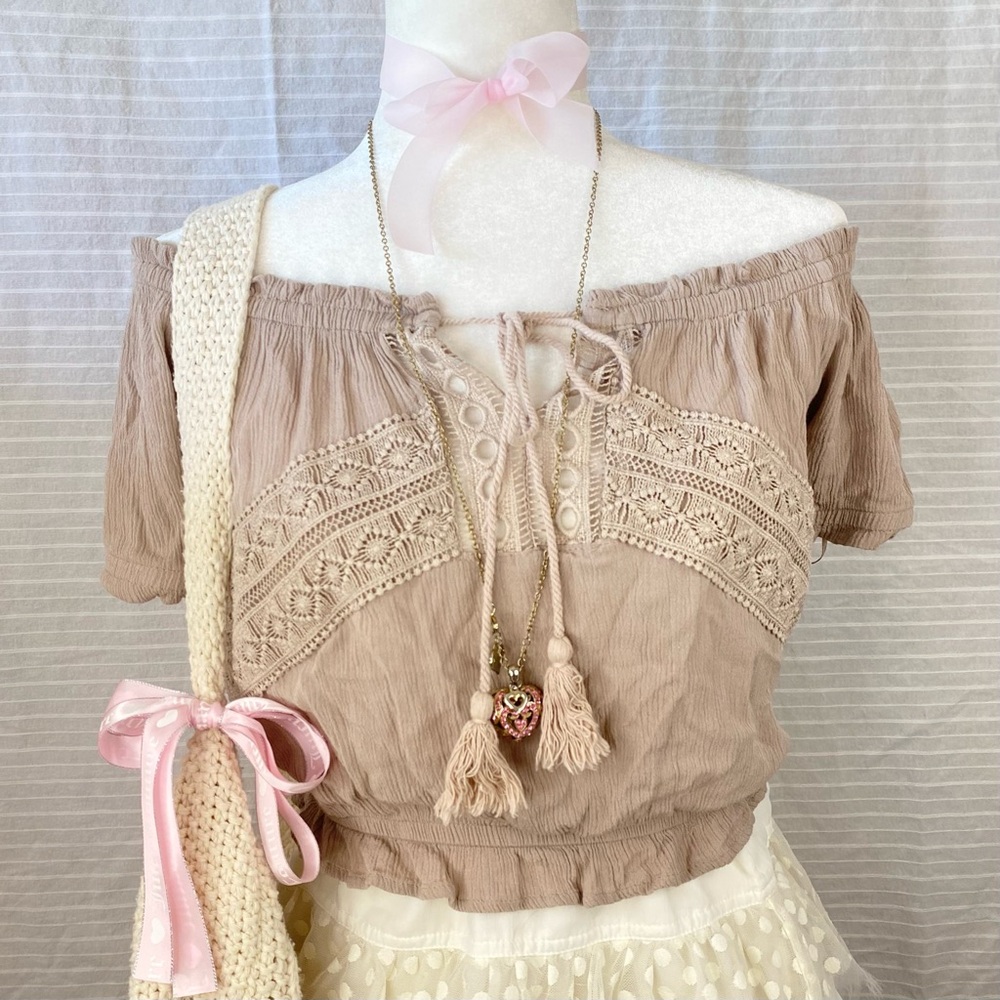 ♡ off the shoulder milkmaid smocked cropped top with tassels and embroidery ♡